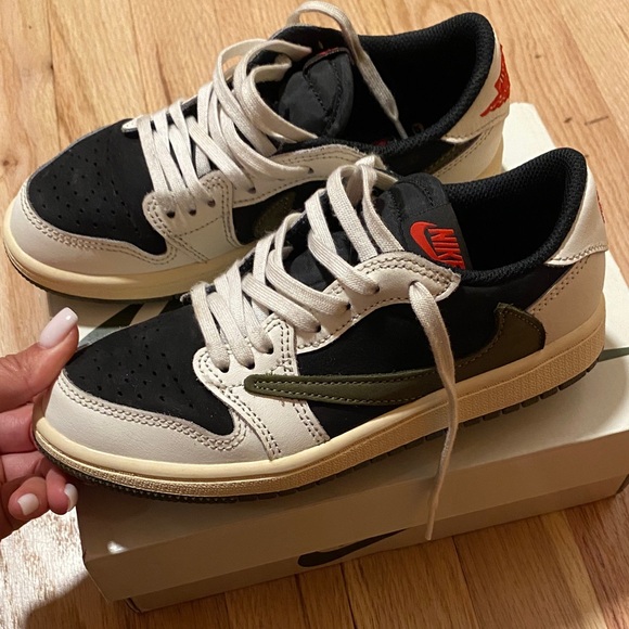 Travis Scott Kids\' Black, White, and Olive Sneakers